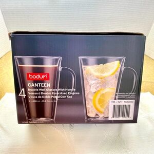 Bodum 4 x Double Wall Glasses with handles.Microwave, oven and freezer safe.